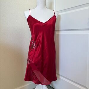 Vintage Sophia by Delicates Red Satin Floral Embroidered Slip Dress Nightgown L
